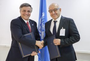 06 March 2017, Rome, Italy - (Left to righ)  Kostas Stamoulis, Assistant Director-General and Luca Mattioni, Vice-President of Fertitecnica Colfiorito. Signing Ceremony of Memorandum of understandings between FAO and Fertitecnica Colfiorito, FAO headquarters (Espace Gabon).